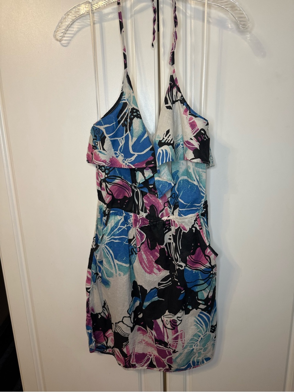 Roxy Floral Halter Mini Dress Size Medium Blue Pink Tropical Pockets